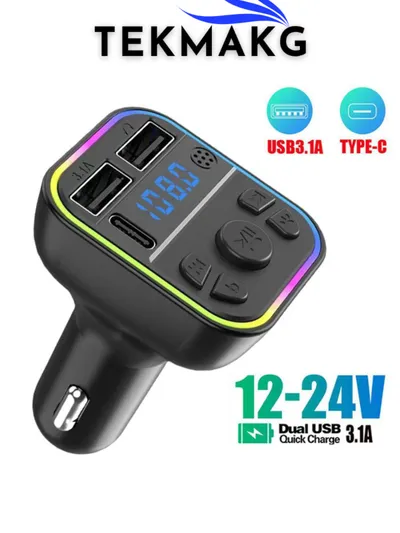 Bluetooth Araç Kiti FM Transmitter G39 Rainbow LED USB Type-C Hızlı Şarj MP3 Oynatıcı