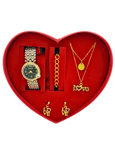 Kadın Saat Takı Seti Siyah Kadran Taşlı Love Kolye Küpe Bileklik Kalp Kutu