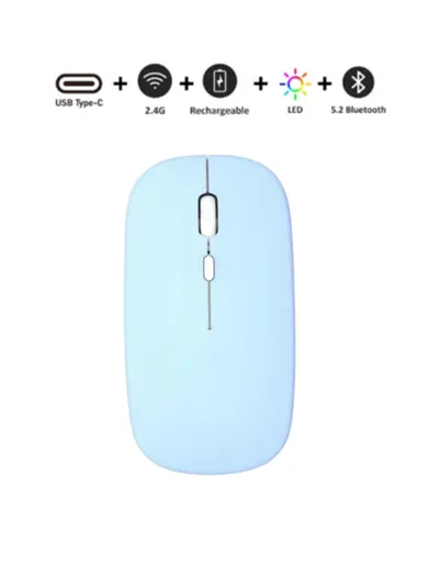 Bluetooth & 2.4G Çift Mod Kablosuz Şarjlı Mouse Type-C Sessiz İnce Tasarım 1600 DPI Mavi