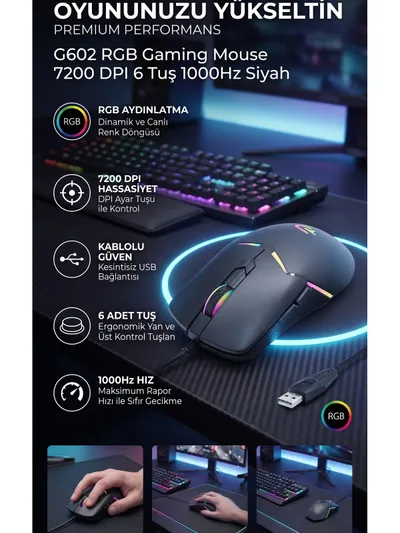 RGB 7200 DPI Kablolu Gaming Oyuncu Mouse - Ergonomik Işıklı ve Hassas Sensörlü Tasarım