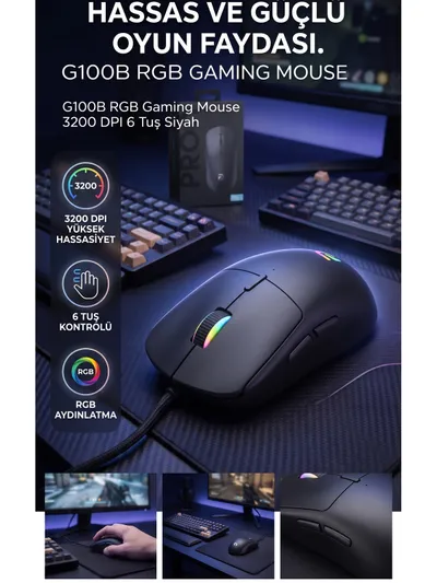 RGB Işıklı Oyuncu Mouse 3200 DPI 6 Tuşlu 59g Ultra Hafif Gaming Mouse Kablolu