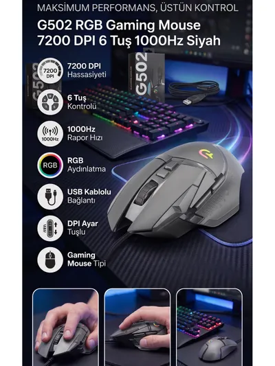 7200 DPI Rgb Işıklı Kablolu Gaming Oyuncu Mouse Ergonomik Yüksek Performanslı Siyah