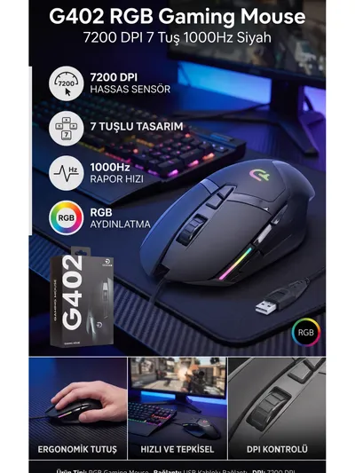 G402 7200 DPI RGB Işıklı 7 Tuşlu Profesyonel Kablolu Gaming Oyuncu Mouse
