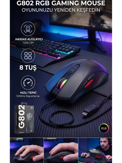 7200 Dpi Rgb Işıklı 8 Tuşlu Makrolu Profesyonel Gaming Oyuncu Mouse Kablolu Ergonomik Tasarım