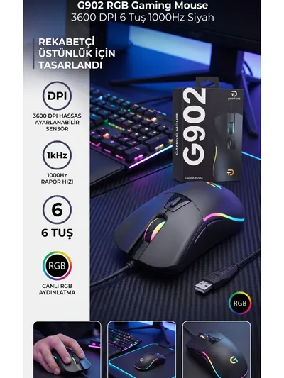G902 RGB Işıklı 3600 Dpi 6 Tuşlu Hassas Optik Sensörlü Kablolu Oyuncu Mouse