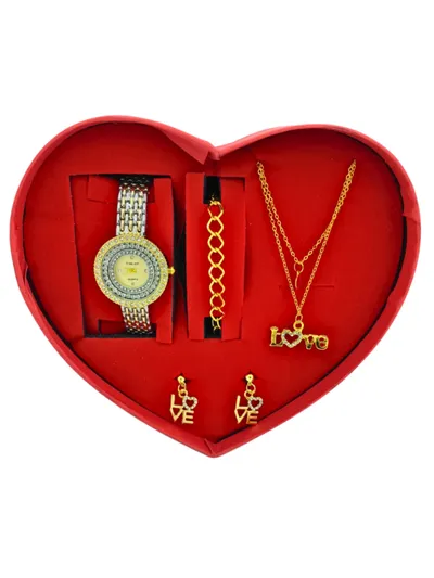 Gümüş Altın Taşlı Kadın Saat Takı Seti LOVE Kolye Küpe Kutulu