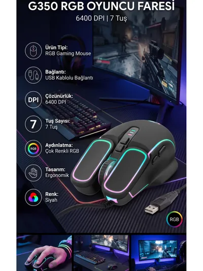 RGB Gaming Mouse 6400 DPI 7 Tuşlu Ergonomik Kablolu Oyuncu Faresi