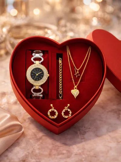Kadın Gold Renk Taşlı Saat Takı Seti | Kalp Kutulu Kolye Küpe Bileklik
