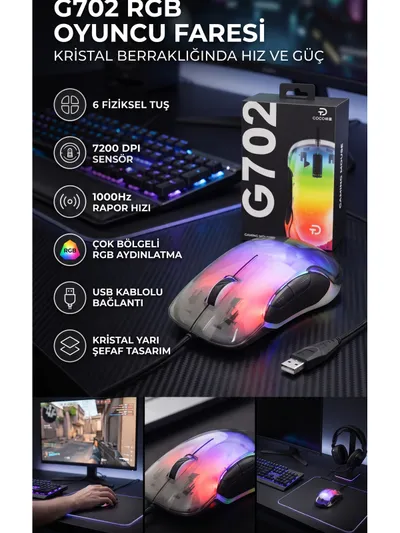 7200 DPI RGB Işıklı Şeffaf Tasarım Oyuncu Mouse Kablolu Gaming Mouse 6 Tuşlu Ergonomik