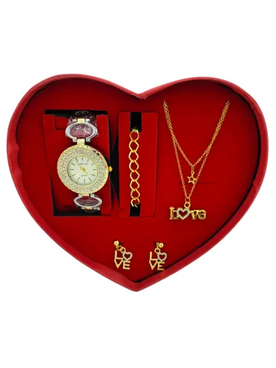 Krem Kadran Taşlı Kadın Saat Takı Seti LOVE Kolye Küpe Kutulu