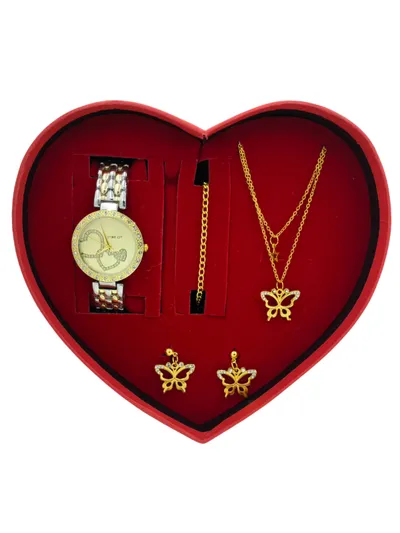 Kadın Taşlı Saat Takı Seti | Kelebek Kolye Küpe Bileklik Kalp Kutulu Gold