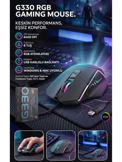 RGB Işıklı Gaming Oyuncu Mouse 6400 DPI 8 Tuşlu Kablolu Ergonomik Optik Fare - Siyah