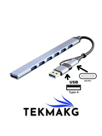Type-C & USB-A Dual Giriş 7 Port Hub | 6x USB 2.0 + 1x USB 3.0 Gri Alüminyum Çoklayıcı