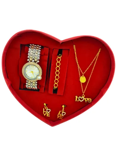 Kalp Kutulu Kadın Saat Takı Seti 4 Parça | Taşlı Saat, Love Kolye Küpe, Zincir Bileklik