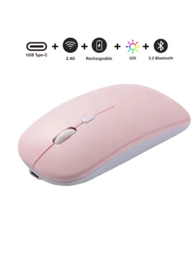 Bluetooth ve 2.4G Çift Mod Type-C Şarjlı Sessiz İnce Mouse 1600 DPI Pc Tablet Uyumlu Pembe