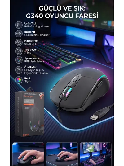 Kablolu Oyuncu Mouse | 6400 DPI | RGB LED Işıklı | 6 Tuşlu | Ergonomik Tasarım