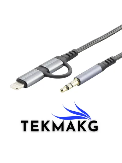 ⚡ 3'ü 1 Arada ENTEGRE ÇEVİRİCİLİ AUX Kablo - Type-C/3.5mm/Lightning Araç & Ev (iPhone Uyumlu!)