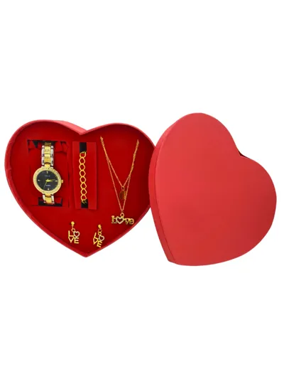 Siyah Taşlı Kadın Saat Takı Seti LOVE Kolye Küpe Bileklik Kalp Kutulu