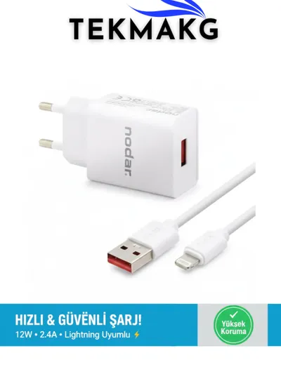 1001 12W-2.4A Lightning Şarj Seti (1 Metre Kablolu, Yüksek Koruma, EU priz Uyumlu)