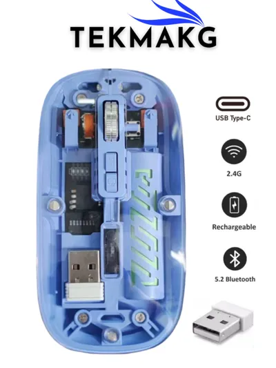 1201 Şeffaf Kablosuz Mouse Type-C Şarjlı Bluetooth 5.2 + 2.4G Çift Mod Optik Mouse
