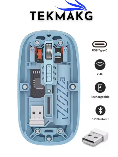 1201 Şeffaf Kablosuz Mouse Type-C Şarjlı Bluetooth 5.2 + 2.4G Çift Mod Optik Mouse